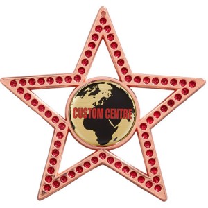 SILVER 75MM - RED STAR GEMSTONE CUSTOM VINYL DOMED MEDAL **SPARKLE**